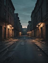 abandoned street at dusk, low ambient light, high contrast, cityscape