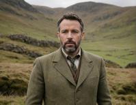 photograph, old wise fae Ben Affleck , he is dressed in worn tweed, The tweed is earthy brown