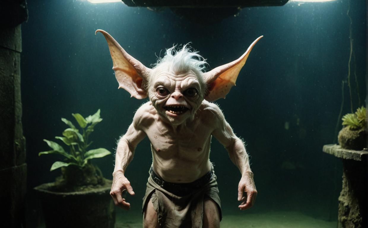 photograph, wearing Skirts, Male Gremlin with horns, old and worn