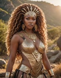 photograph of heavyset Zulu female gorgon in sunny outdoor setting, designed by Kati Horna, highly detailed, masterpiece