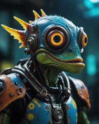 stylized photograph, cyborg murloc male, despair, sharp profile