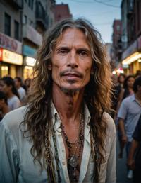 Glowing burly Honduran Steven Tyler, protest crowd, city streets at dusk, surreal long hair