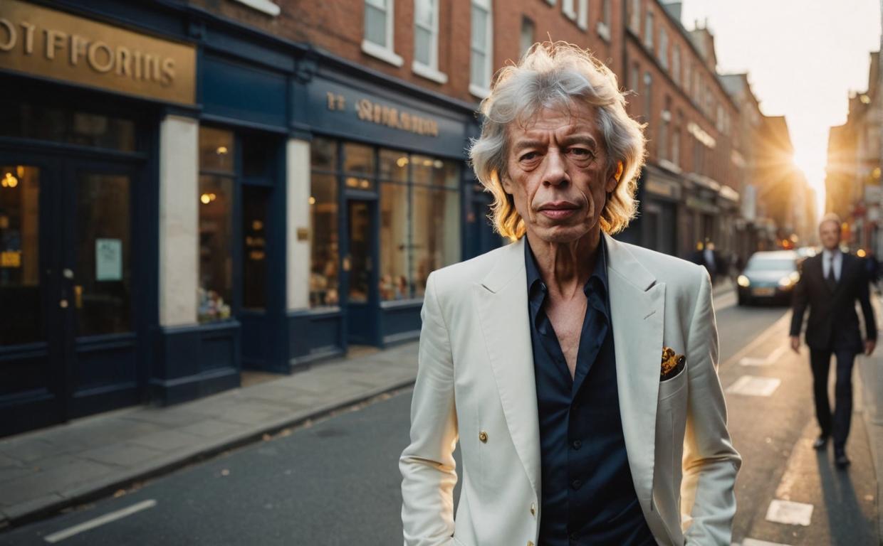 stylish portrait of Mick Jagger, Miss Aniela s style, bold expression, white hair styled like Bob Dylan