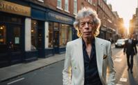 stylish portrait of Mick Jagger, Miss Aniela s style, bold expression, white hair styled like Bob Dylan