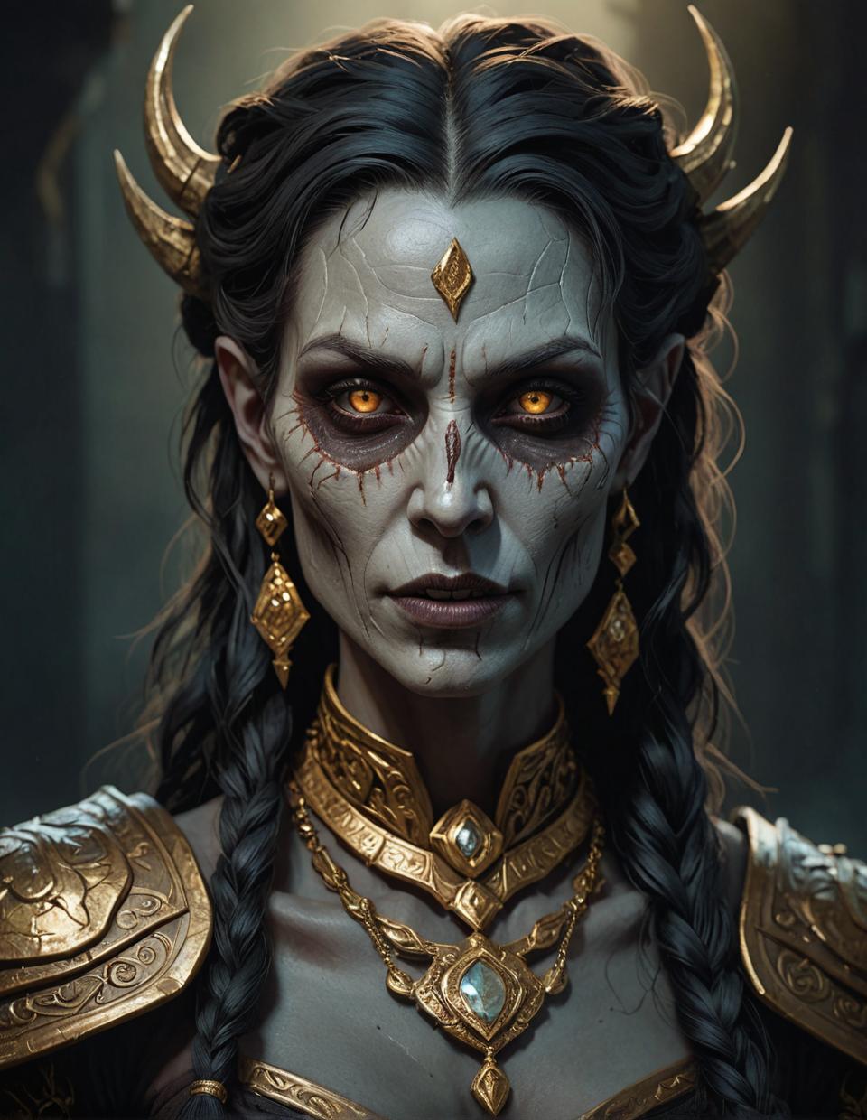 Modern portrait of an undead Nord woman, detailed lighting, dramatic shadows, intricate jewelry