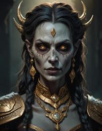Modern portrait of an undead Nord woman, detailed lighting, dramatic shadows, intricate jewelry