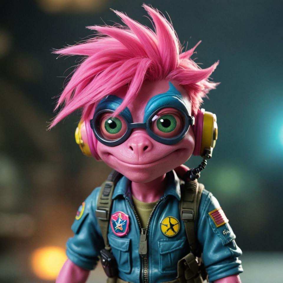 photograph, top gun style pilot, tiny male murloc, pink hair
