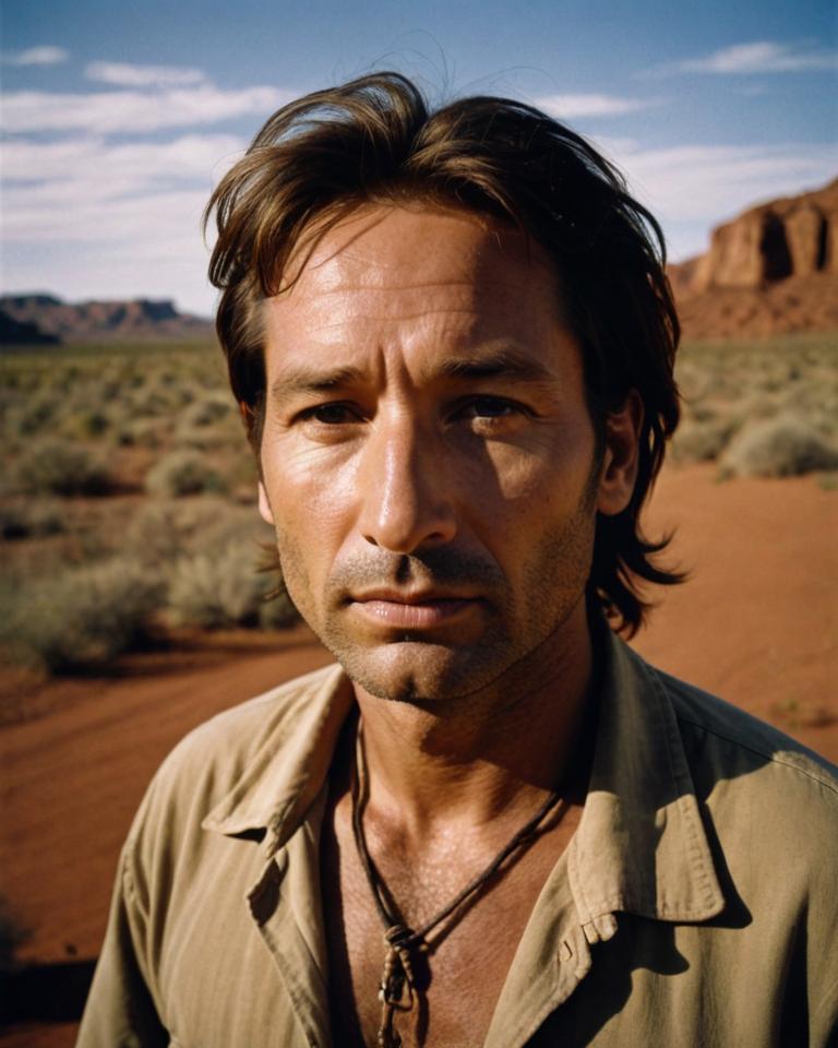 Breathtaking Navajo portrait, David Duchovny, guilty expression, grunge bald hairstyle
