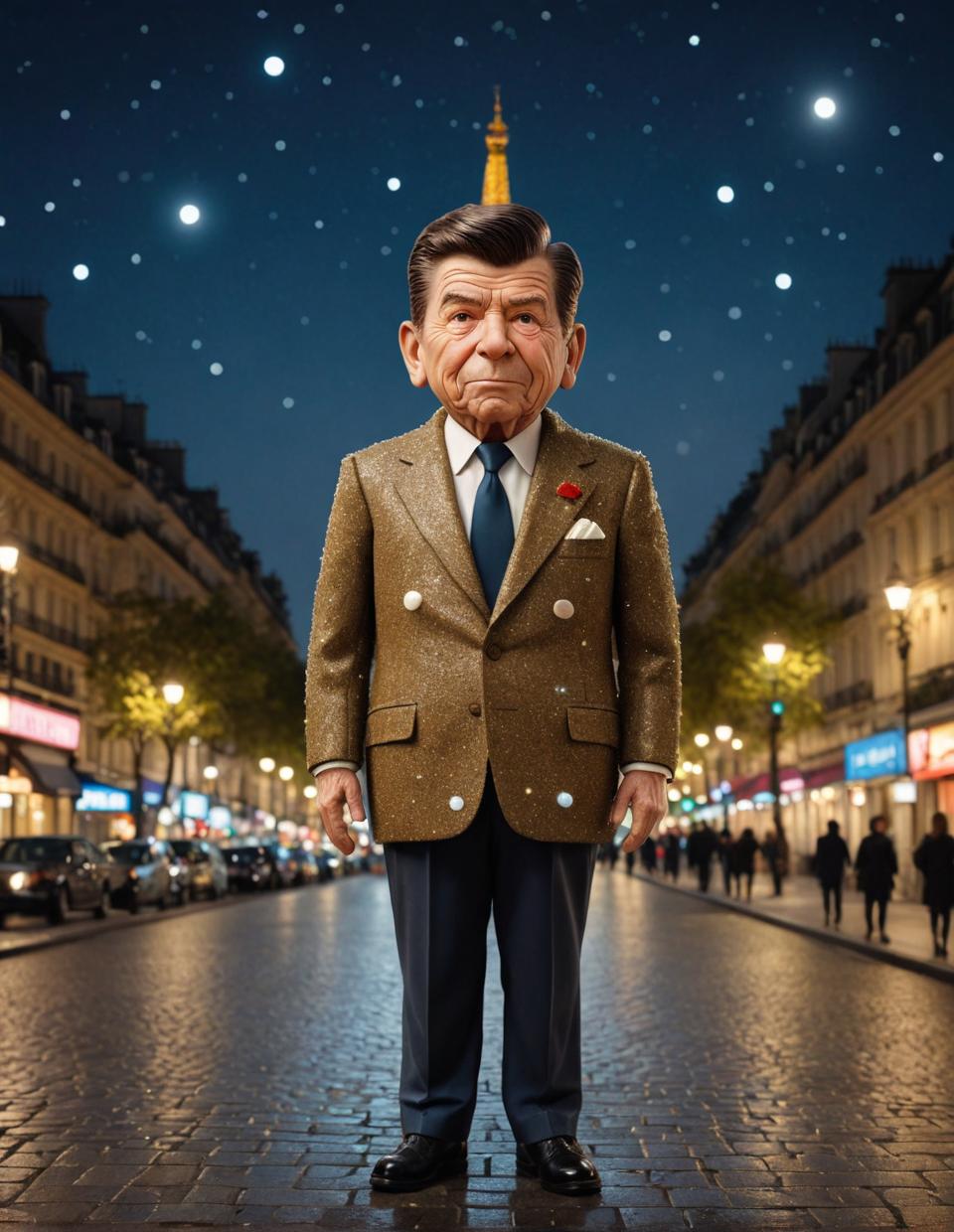 A cute, frail Parisian Ronald Reagan at nighttime, by Leszek Bujnowski, medium wide shot