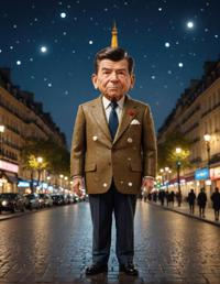 A cute, frail Parisian Ronald Reagan at nighttime, by Leszek Bujnowski, medium wide shot