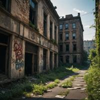 Abandoned, post apocalyptic cityscape, distressed textures, fading graffiti
