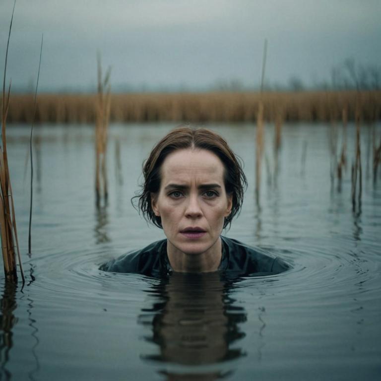 Photograph of an eerie woman, evil Sarah Paulson, submerged in water, serene pastel colored reeds in the distance