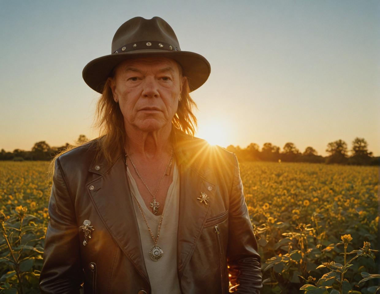 Dreamlike dainty Axl Rose, photograph, at sunset, wide view