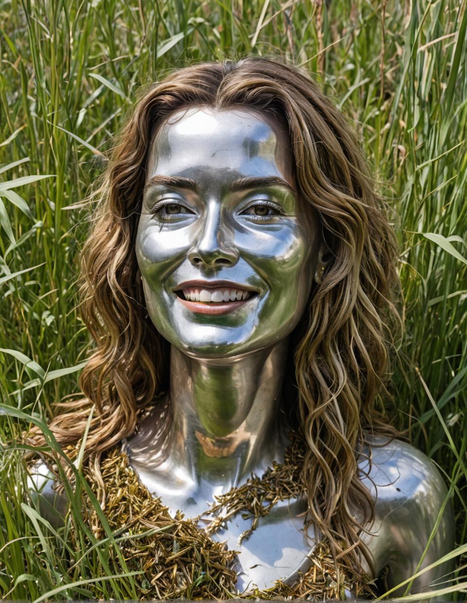 photograph of found object sculpture designed by Subodh Gupta, Brooke Shields, chuckling amidst ancient grass, contemporary art piece with realism and socio political commentary
