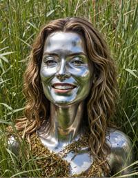photograph of found object sculpture designed by Subodh Gupta, Brooke Shields, chuckling amidst ancient grass, contemporary art piece with realism and socio political commentary