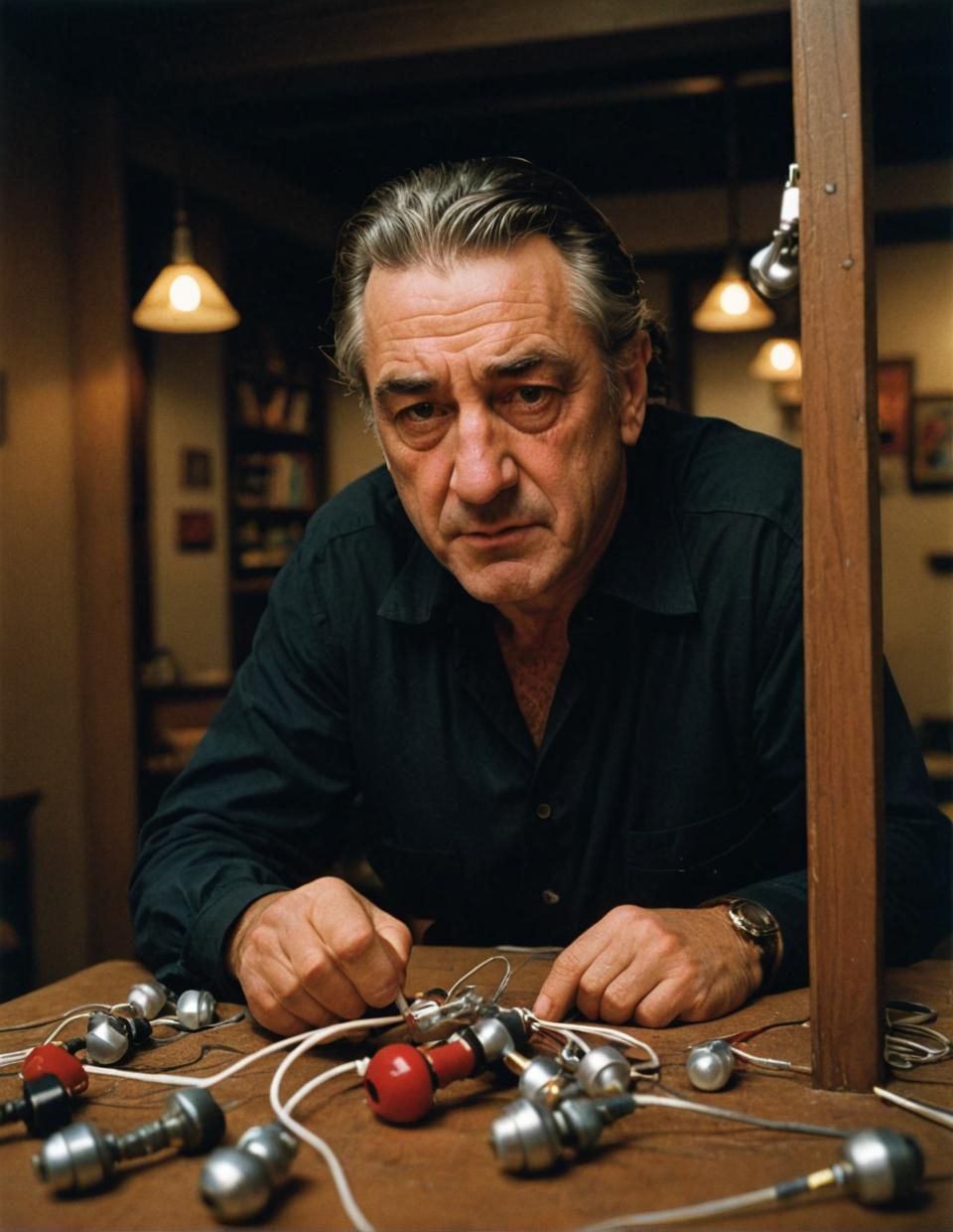 photograph of Robert De Niro, academic tone, elusive carpenter, looking down at earbuds