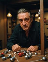 photograph of Robert De Niro, academic tone, elusive carpenter, looking down at earbuds