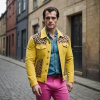 Henry Cavill in bright yellow denim jacket, Polish inspired, electric pink leopard print, short exposure