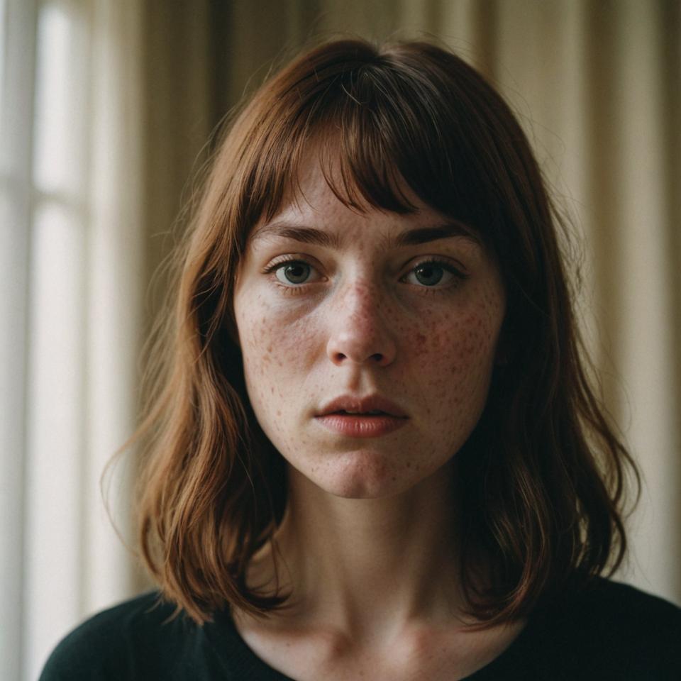 photograph, close up of freckled face, subtle angry expression, low key indoor lighting
