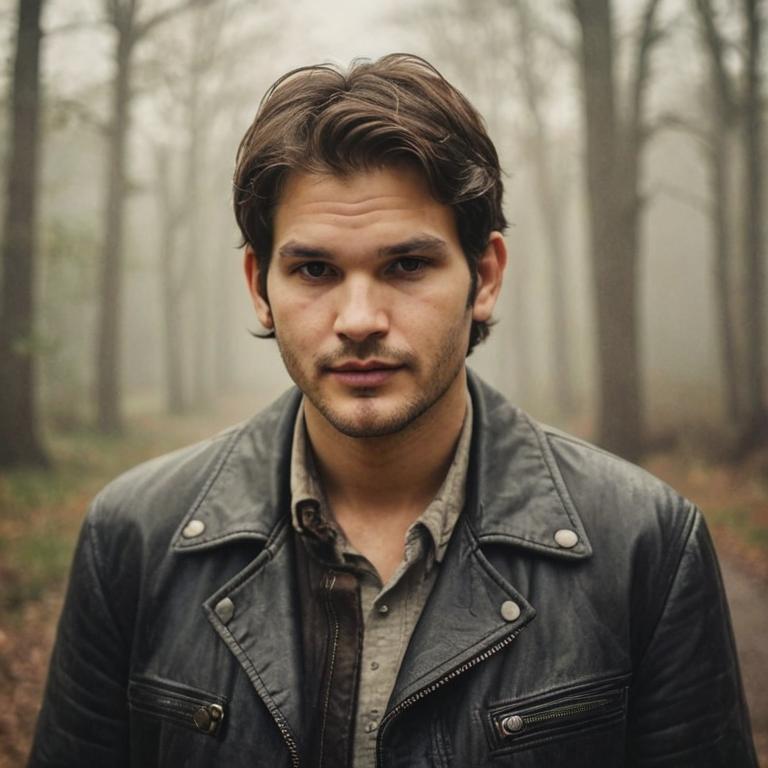 soft focus, dim light, old antique photography style, Ashton Kutcher with bushy black eyebrows