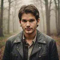 soft focus, dim light, old antique photography style, Ashton Kutcher with bushy black eyebrows