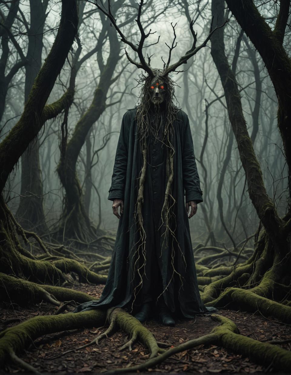 Dark mystical forest, eerie atmosphere, overgrown vegetation, twisted tree roots