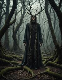 Dark mystical forest, eerie atmosphere, overgrown vegetation, twisted tree roots