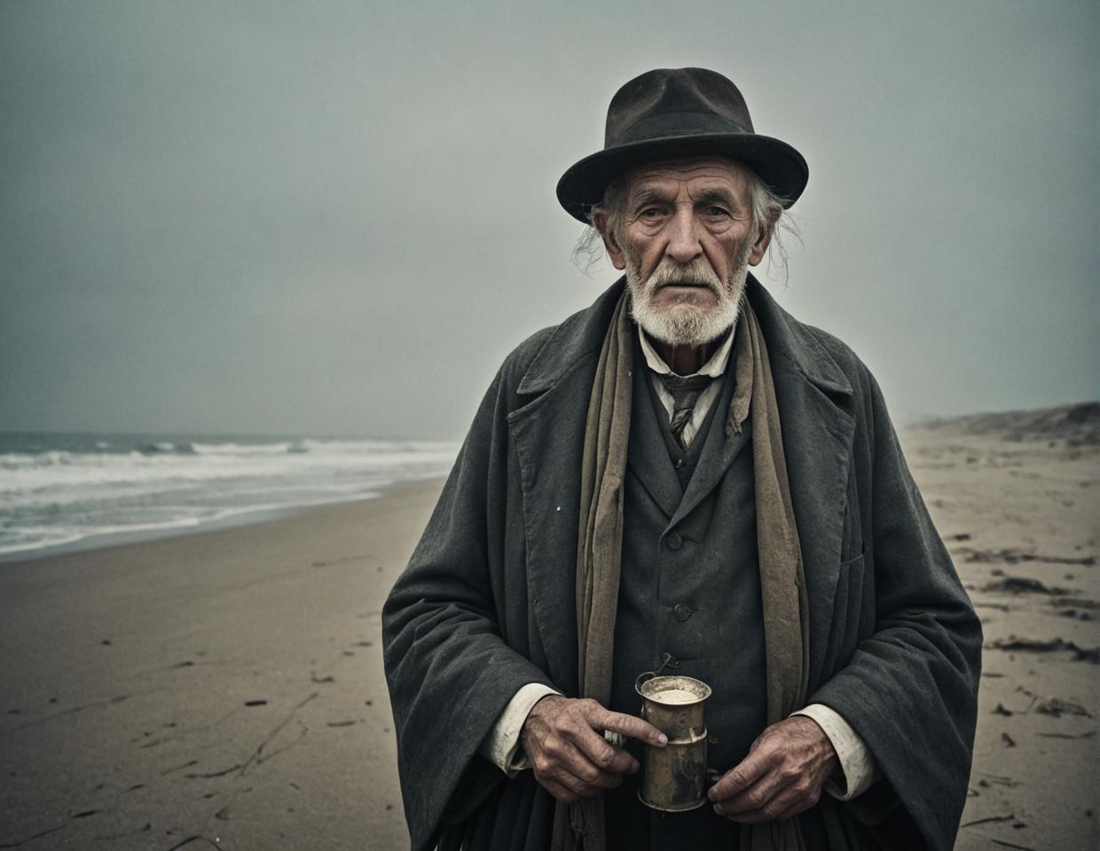 old man, by Nicolas Bruno , beach at dusk, weathered face