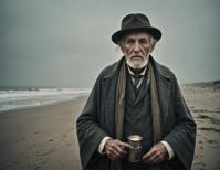 old man, by Nicolas Bruno , beach at dusk, weathered face
