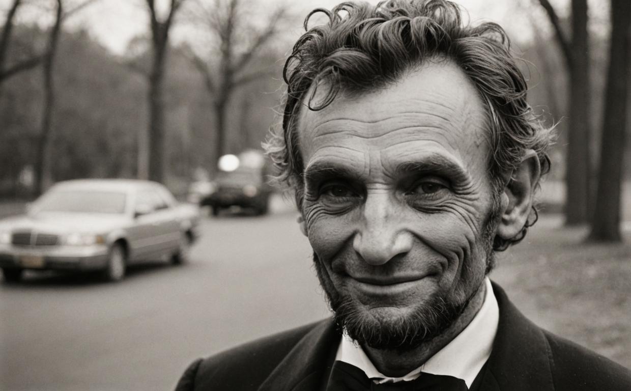 photograph, behance, injured thin abraham lincoln style, cheerful smile