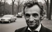 photograph, behance, injured thin abraham lincoln style, cheerful smile