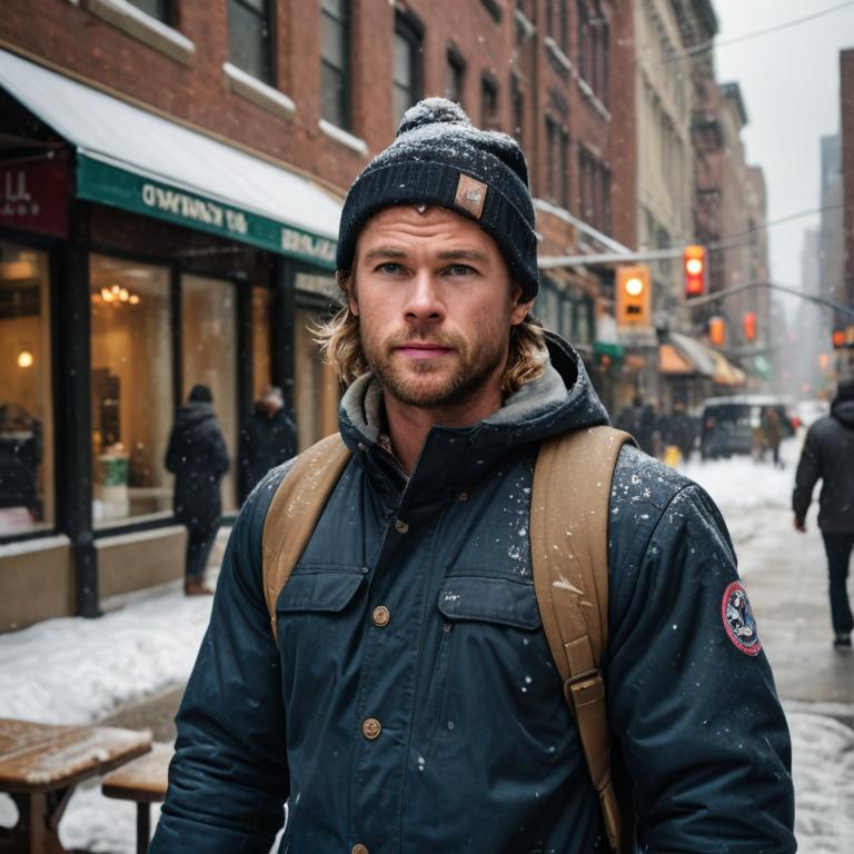 gritty city street portrait, gritty chris hemsworth snowboarder, stein style photorealism, nyc diversity