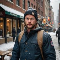 gritty city street portrait, gritty chris hemsworth snowboarder, stein style photorealism, nyc diversity