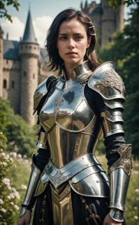 emotional elegant woman, tanzanian concept art, knight metal armor with quartz details, fantasy castle