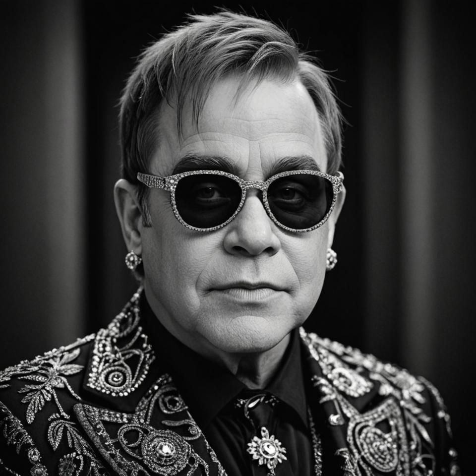 Elton John s face, hyper detailed, Orton effect, Ilford HP