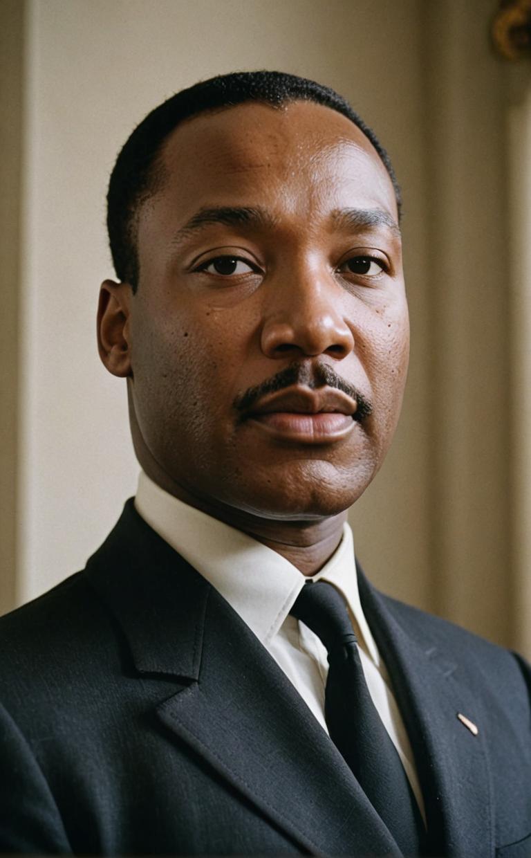 Photograph of Martin Luther King Jr , platinum hair, angelic expression, midday lighting