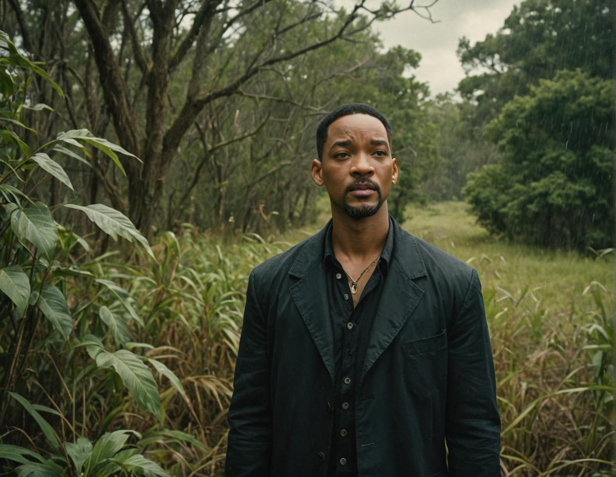 Magical Botanist Will Smith in stormy environment, hurricane winds, anime inspired, cinematic lighting