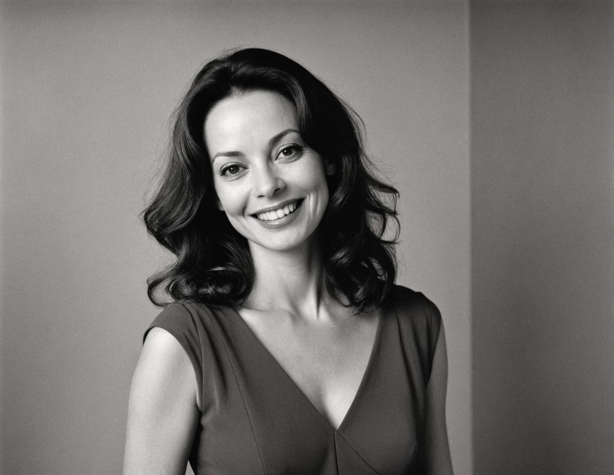 radiant smile, plump Joanne Whalley, ultra real, charcoal gray