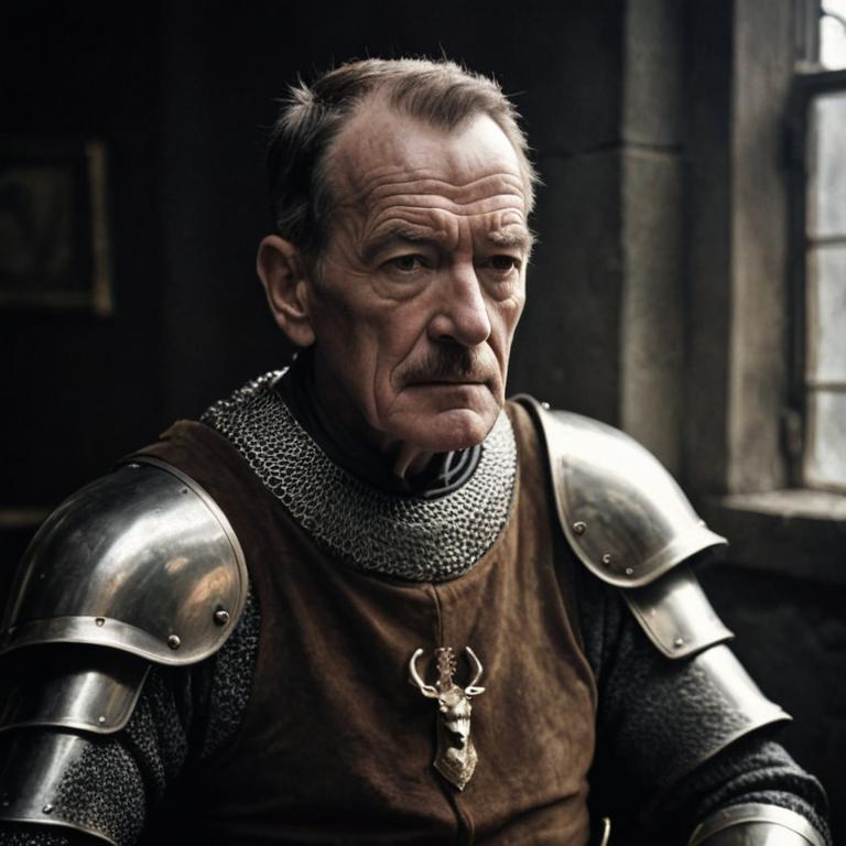 photograph, grumpy elderly man, bryan cranston, medieval knight