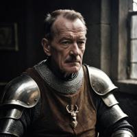 photograph, grumpy elderly man, bryan cranston, medieval knight