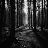 photograph, dark mysterious forest, eerie atmosphere, long shadows