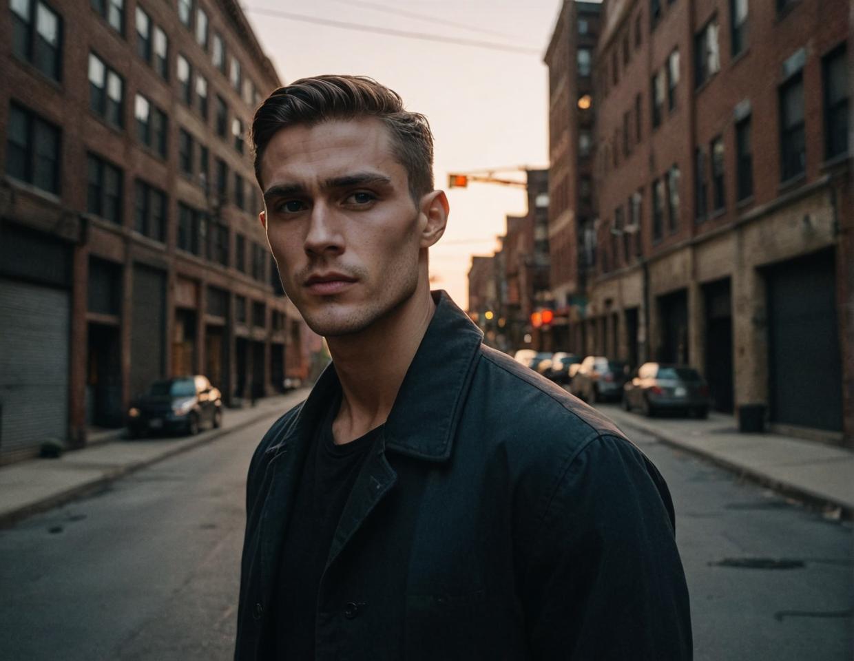 Cityscape at dusk, chiseled jawline, bold pose, high contrast