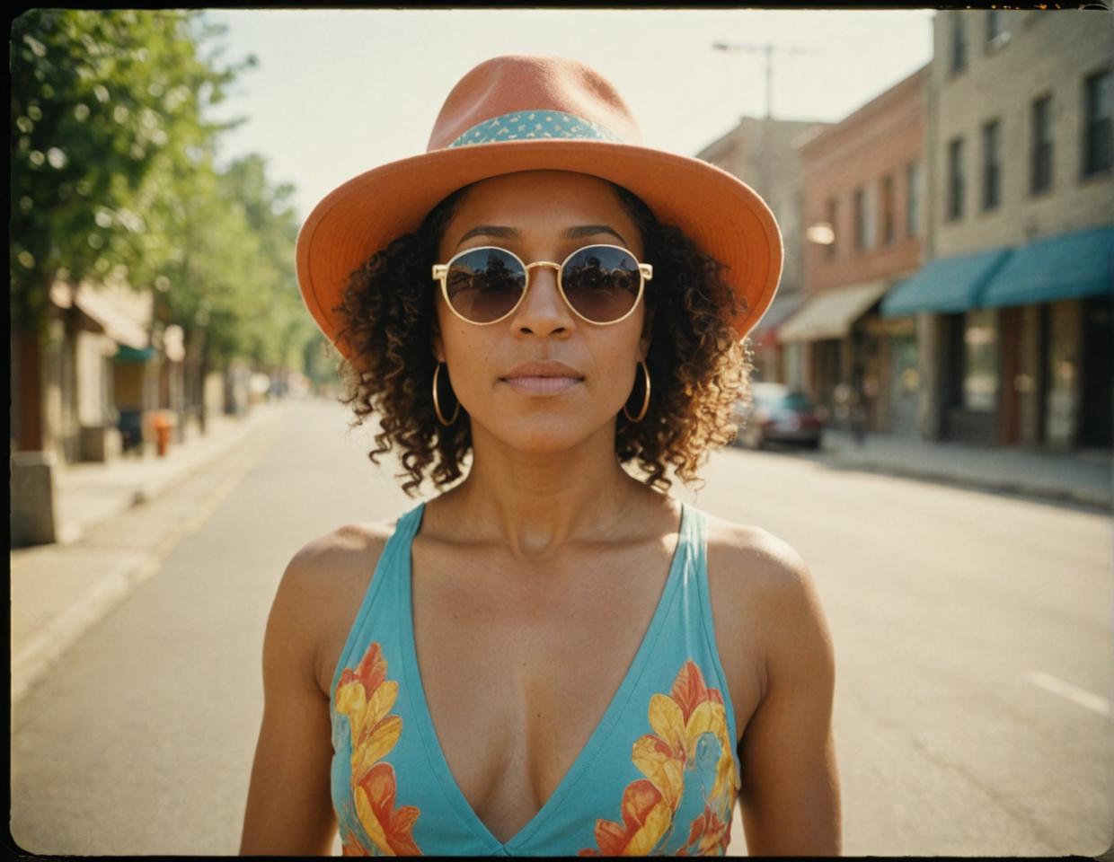 person in colorful outfit, woman with hat and sunglasses, portrait of Tracie Thoms, one of a kind look