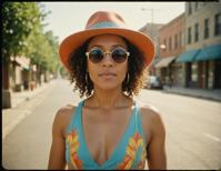 person in colorful outfit, woman with hat and sunglasses, portrait of Tracie Thoms, one of a kind look