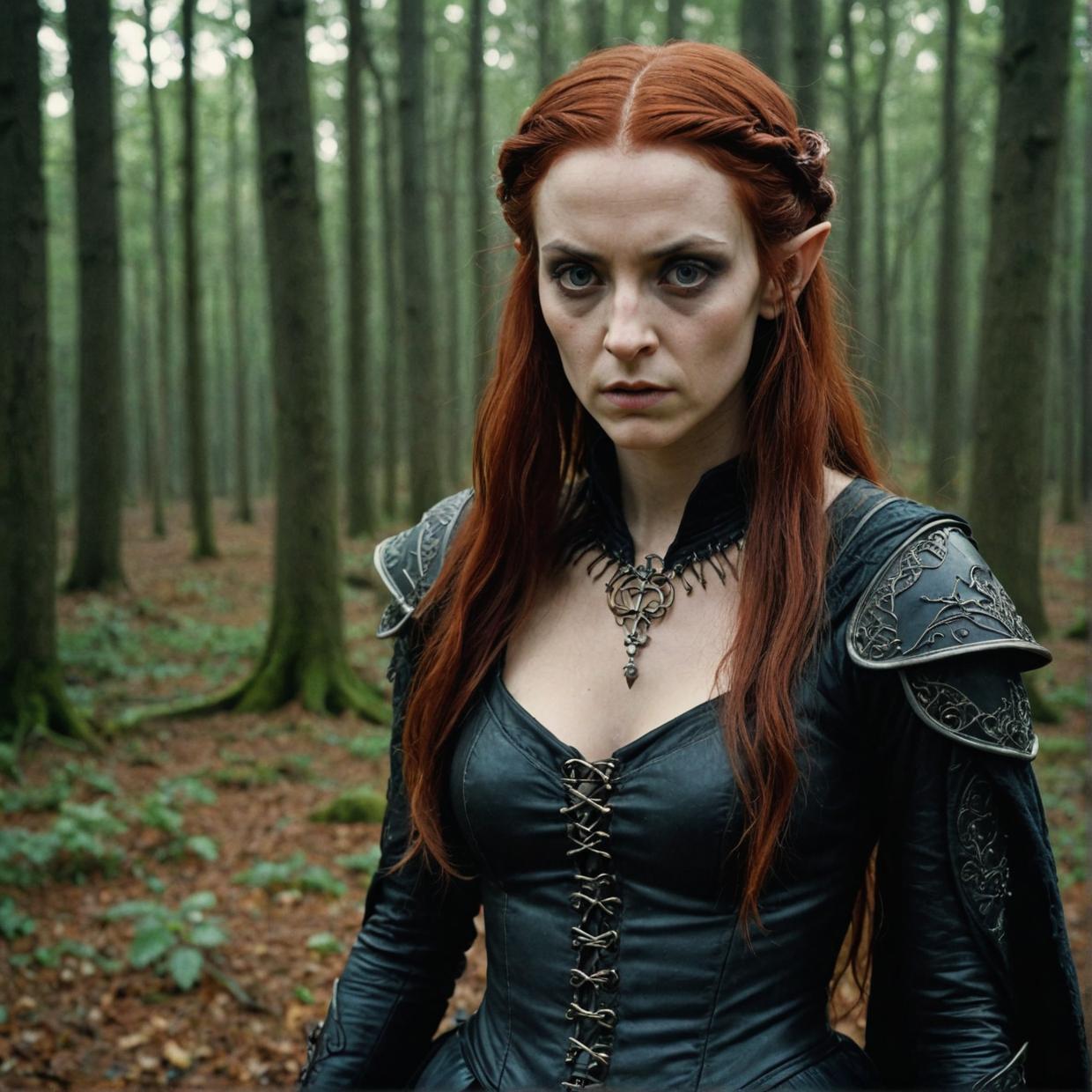 Angry goth elven figure, intricate Gothic details, auburn hair, Dutch angle shot
