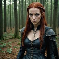 Angry goth elven figure, intricate Gothic details, auburn hair, Dutch angle shot