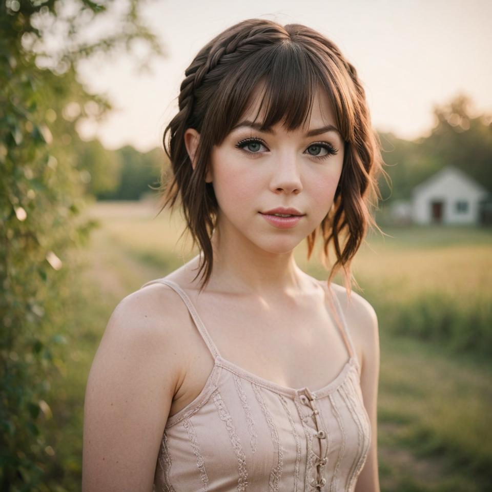 photograph of Kawaii slim Carly Rae Jepsen in feminine pose with French braided hair, in imaginary background, focusing on solitary loneliness, ultrarealistic and highly detailed image