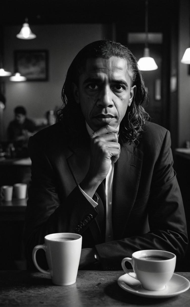 Award winning Greek Barack Obama sipping coffee at Dawn, dark cafe atmosphere, long hair, evil gaze