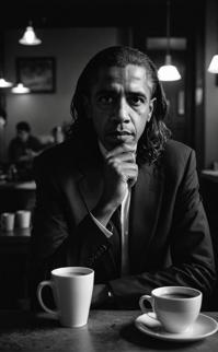 Award winning Greek Barack Obama sipping coffee at Dawn, dark cafe atmosphere, long hair, evil gaze