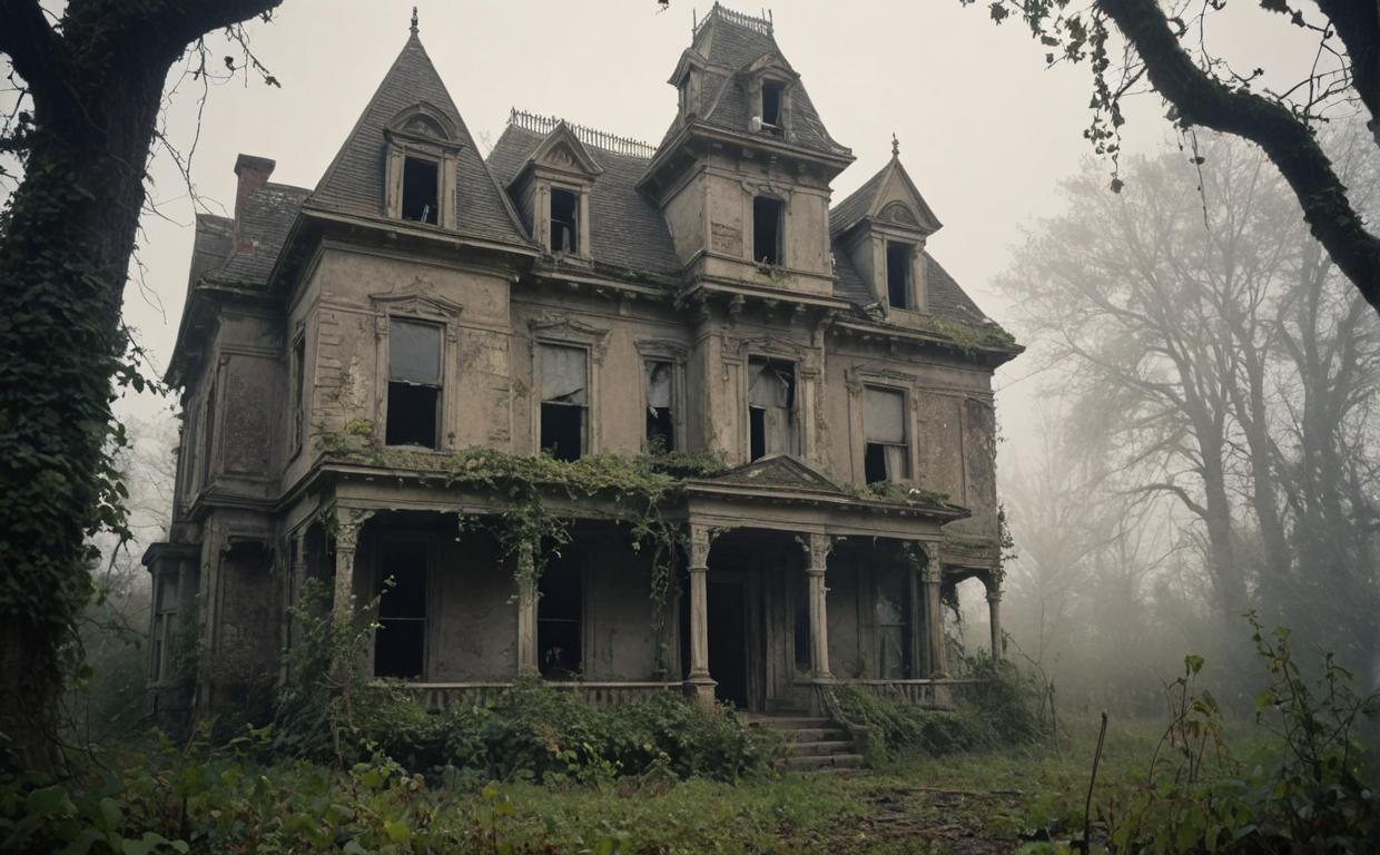 Faded Victorian architecture, overgrown with vines, eerie mist, abandoned dolls